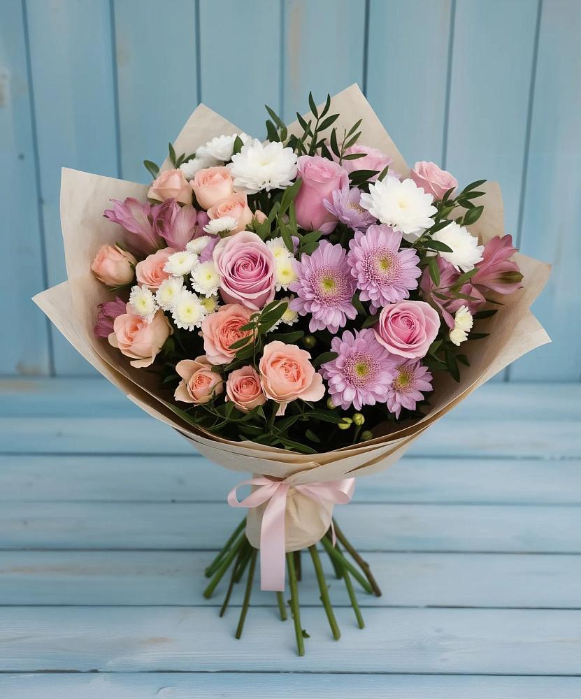 Букет цветов из: Хризантемы, Розы и Альстромерии в Объячево