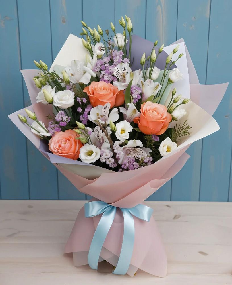 Букет цветов из: Лизиантусы, Розы, Альстромерии и Гипсофила в Объячево