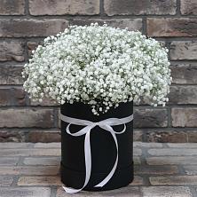 Цветочная композиция из Гипсофила в шляпной коробке в Объячево