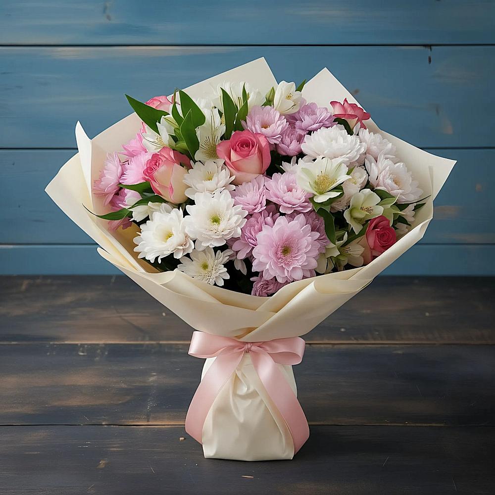 Букет цветов из: Хризантемы, Альстромерии и Розы в Объячево